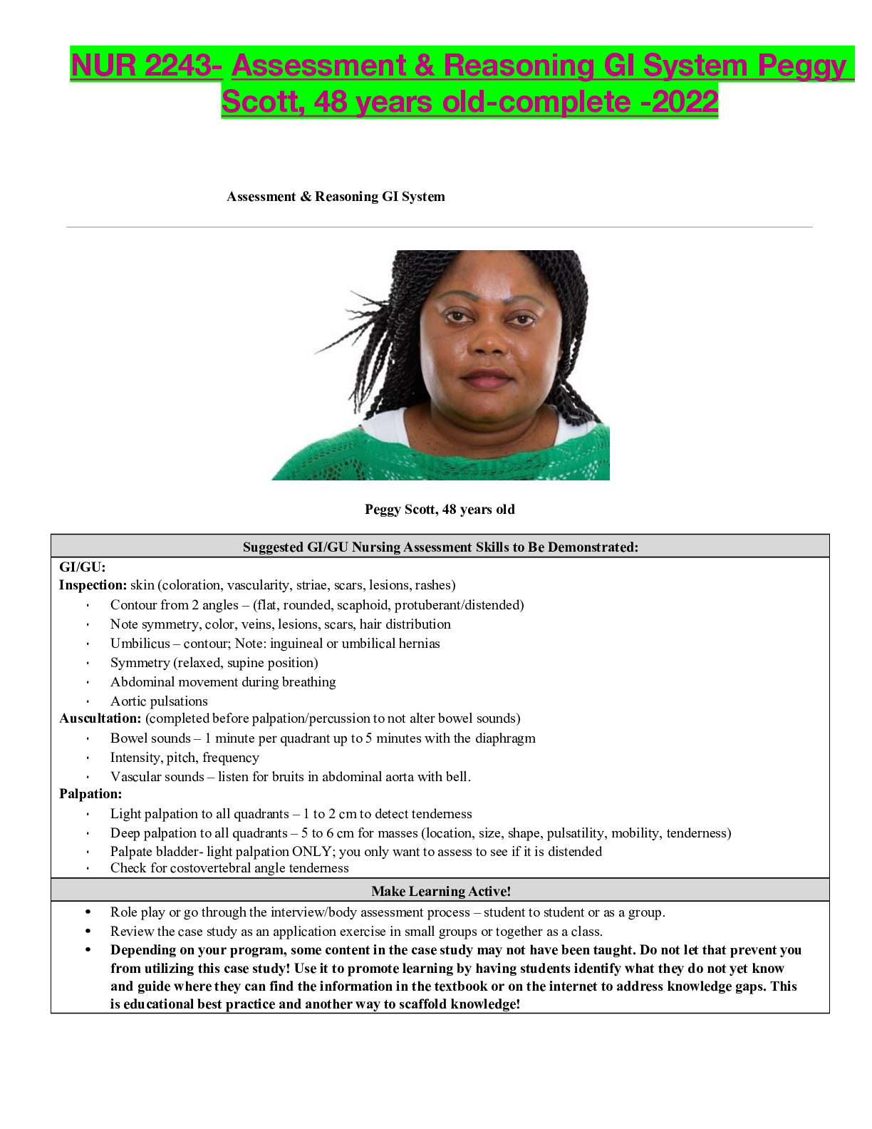 Preview of NUR 2243- Assessment & Reasoning GI System Peggy Scott, 48 years old-complete -2022